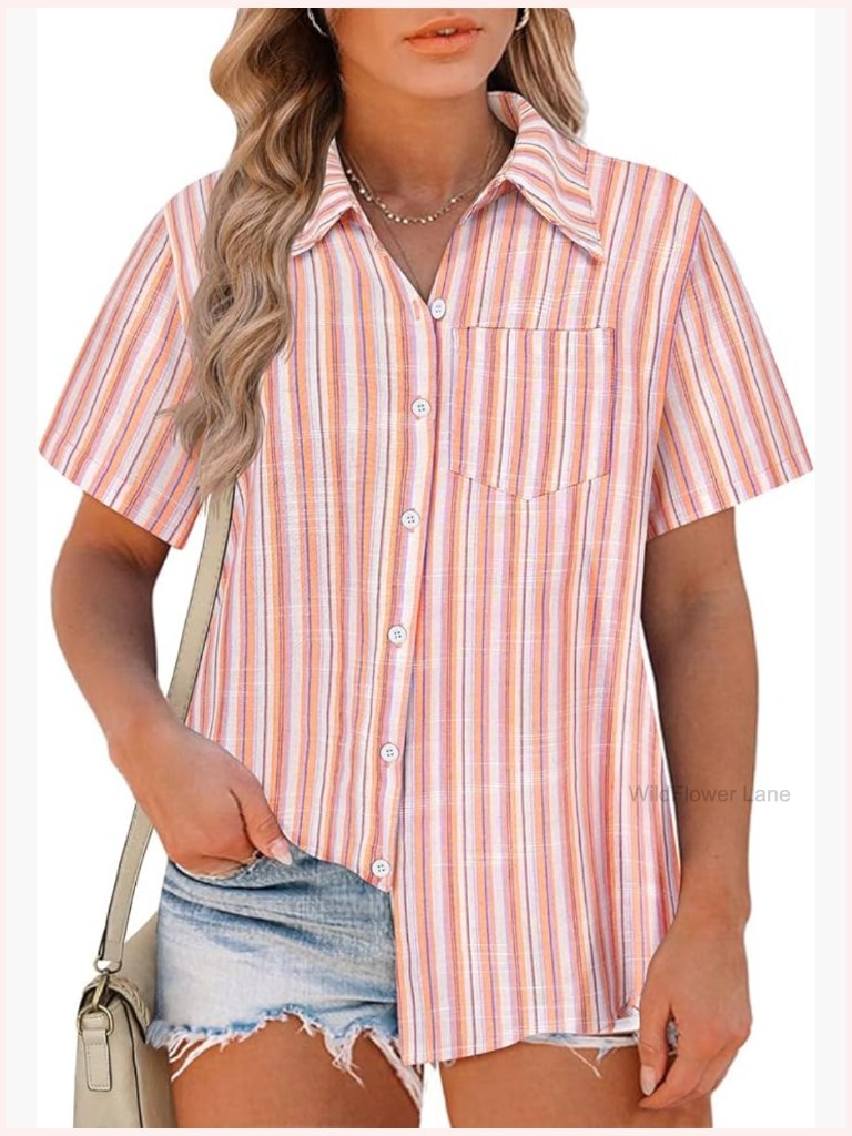 Plus Size Button Down Shirt Short Sleeve Roll Cuff Summer Lightweight Blouse